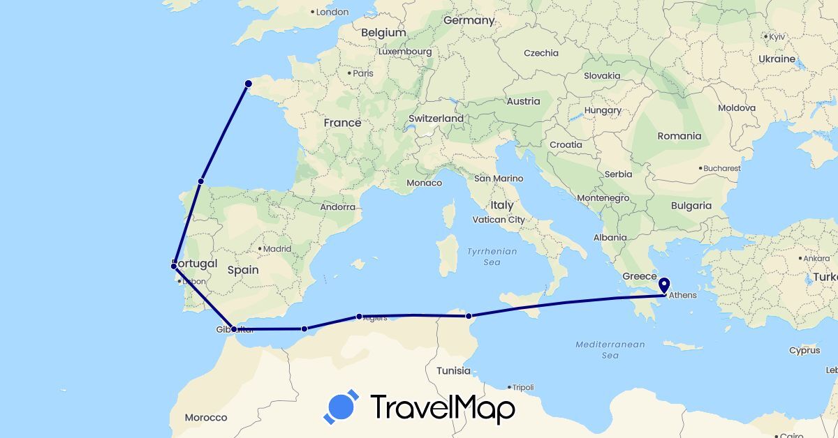 TravelMap itinerary: driving in Algeria, Spain, France, Greece, Portugal, Tunisia (Africa, Europe)